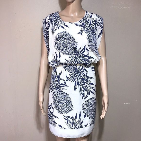 100% silk pineapple print dress size Medium by I. Maddine - Picture 1 of 10